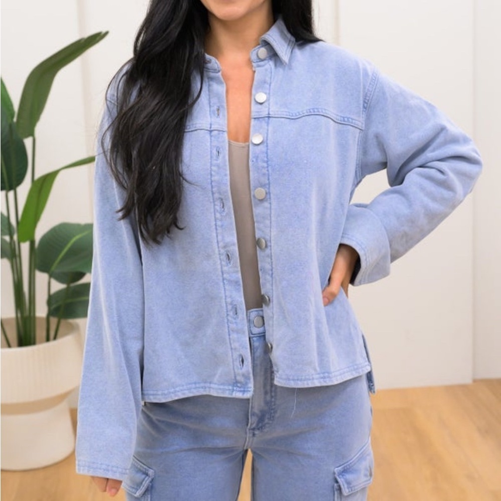 NWT Super soft denim look Terry cloth jacket. Matches Terry cargo pants.
